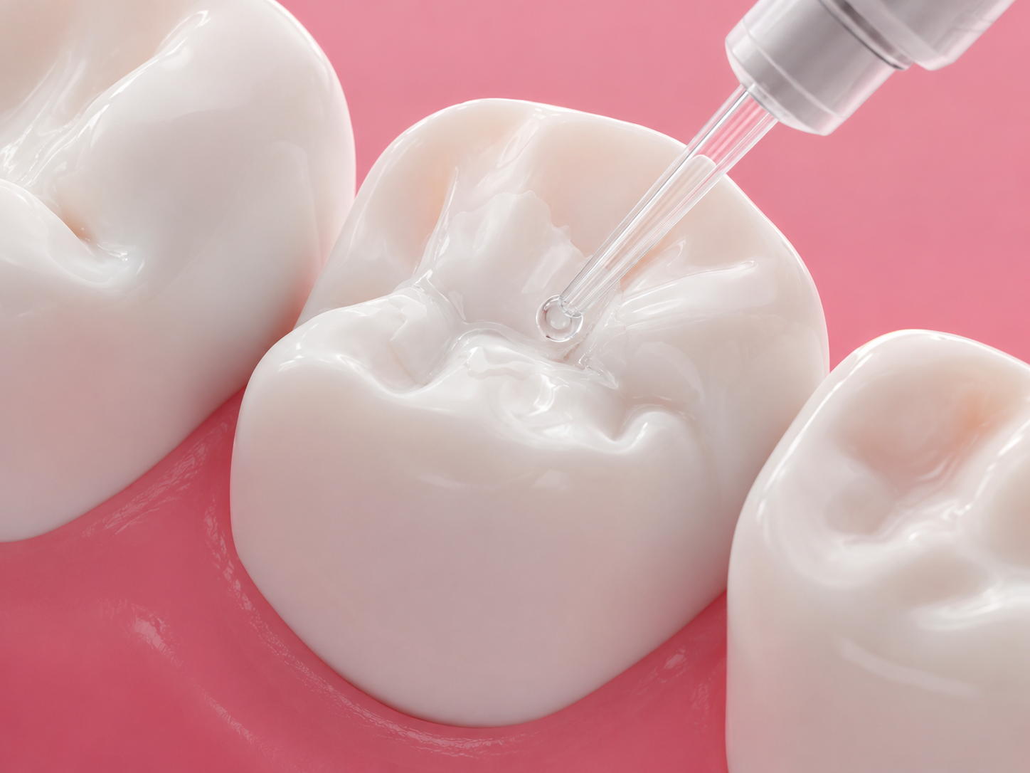 Dental sealant being applied to a white molar