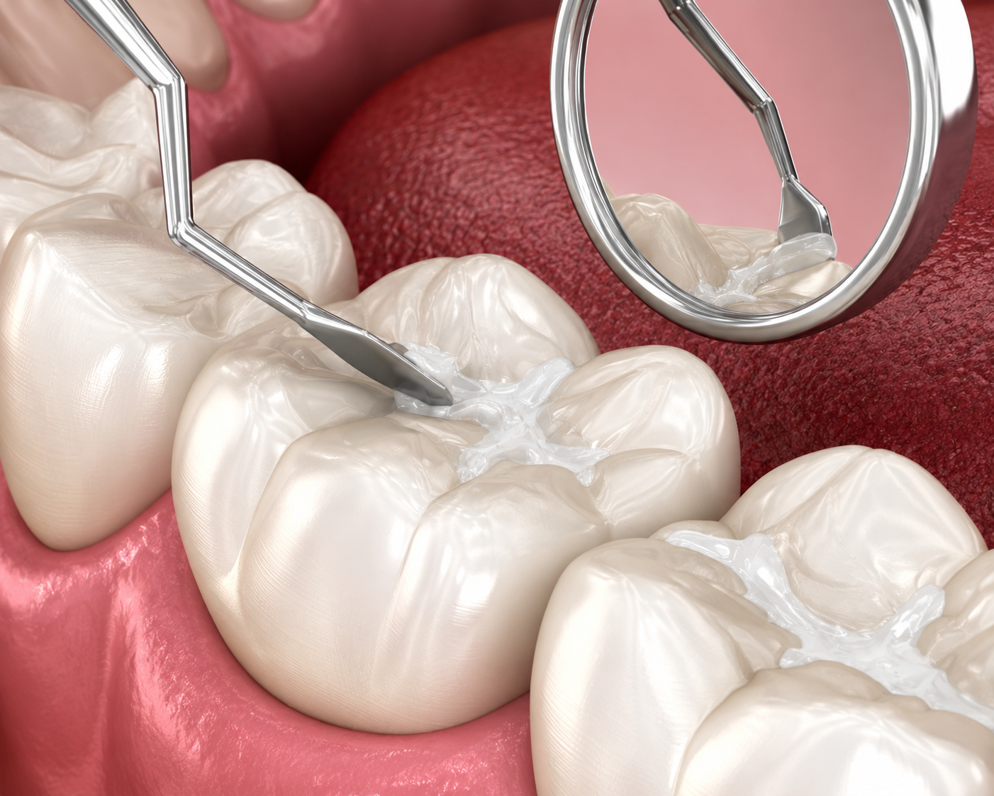 Dental mirror and scaler cleaning white molars in a mouth
