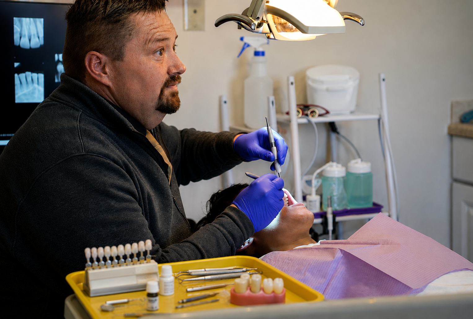 Dentist in blue gloves working on a patient with dental tools in a clinic chair
