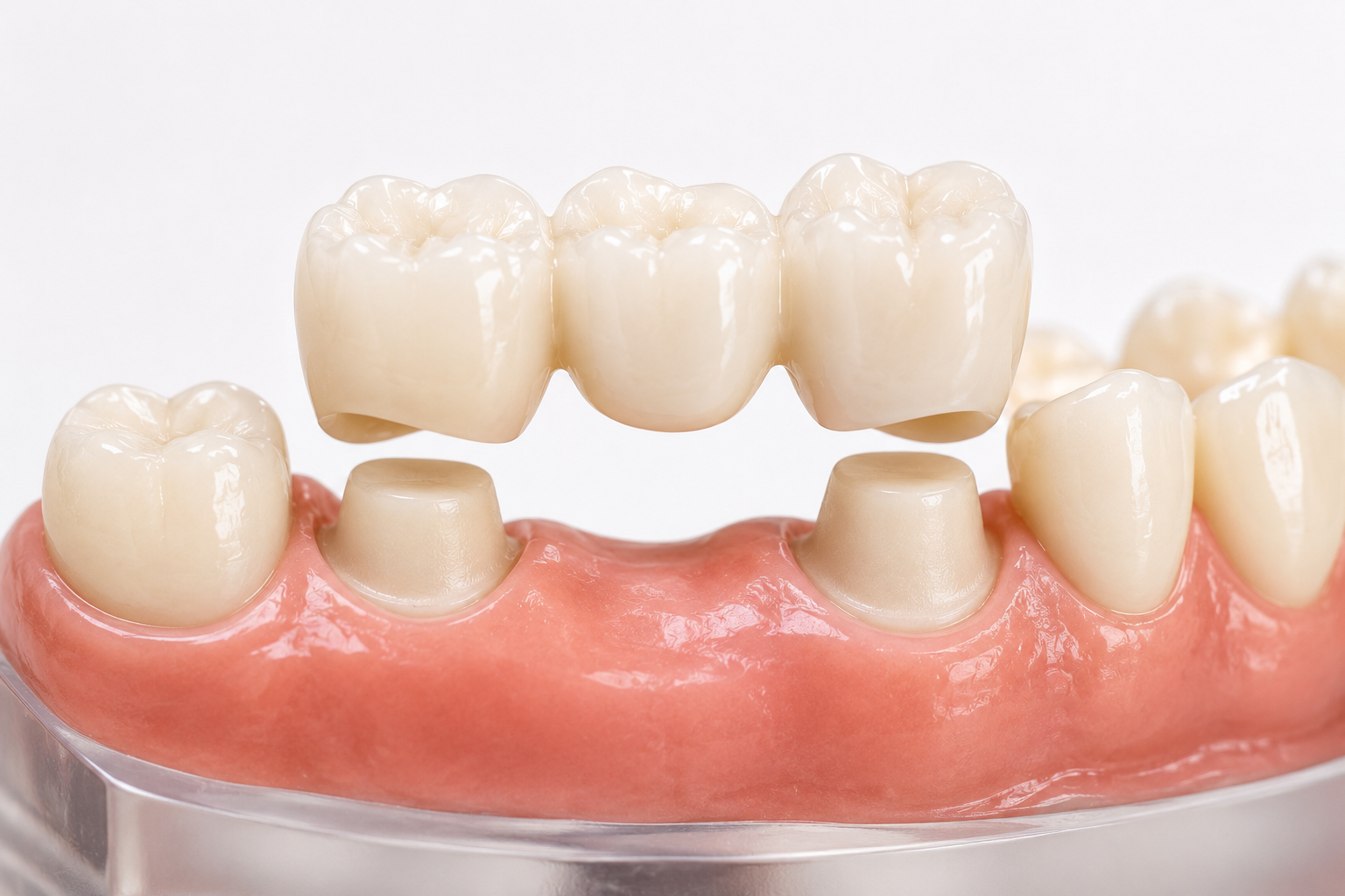 Dental model with pink gums and white artificial teeth, showing a removable bridge restoration