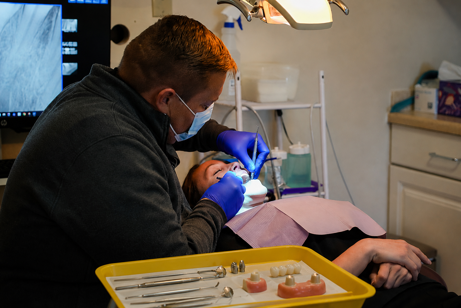 Dentist in blue gloves treating a patient in a dental clinic, with a tray of tools nearby