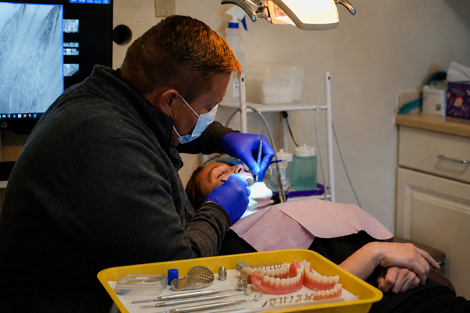 Dentist wearing blue gloves treating a patient in a dental chair, with tools tray in the foreground.