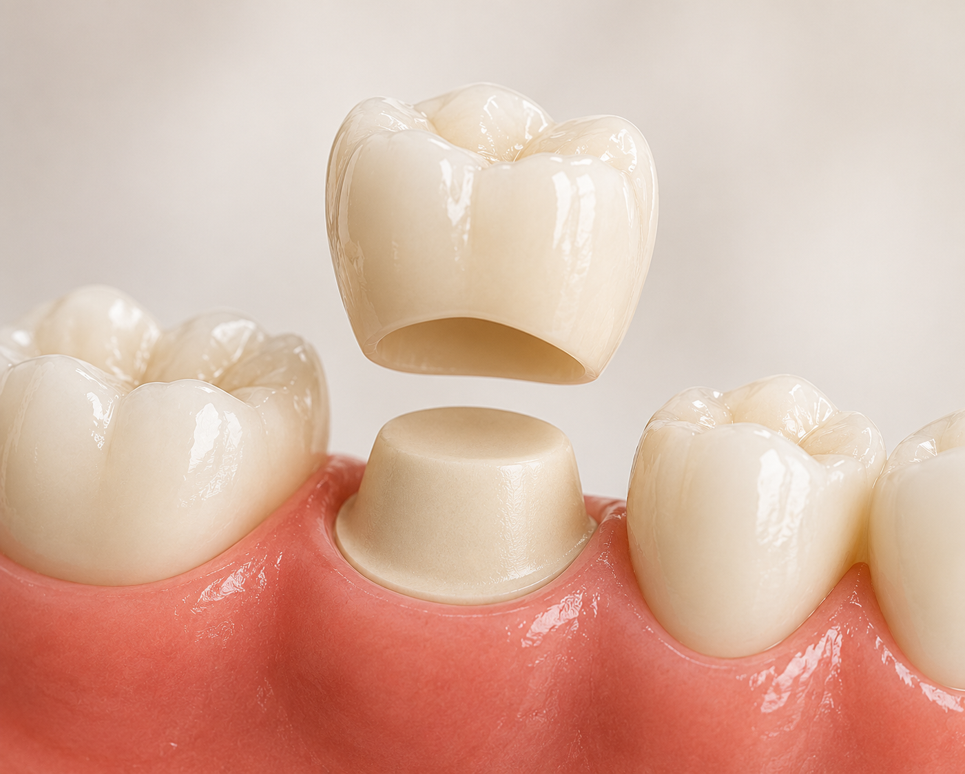 Dental crown above an implanted tooth post, with surrounding natural teeth and pink gums