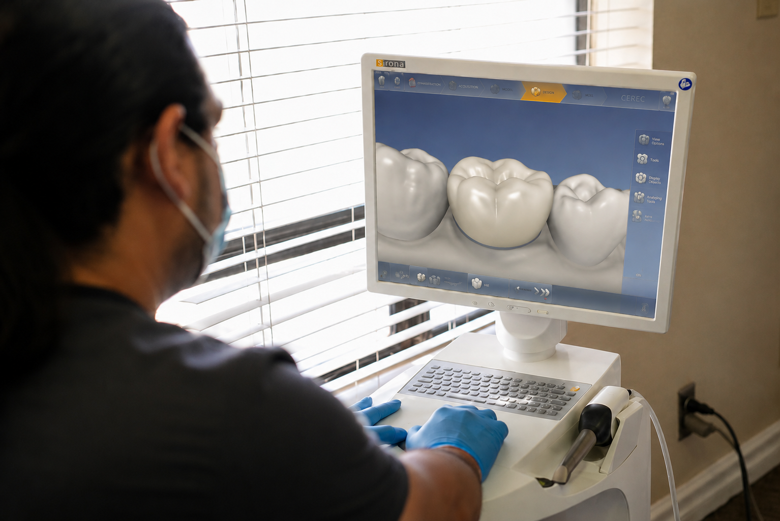 Dentist viewing 3D dental scan on a computer monitor in a clinic