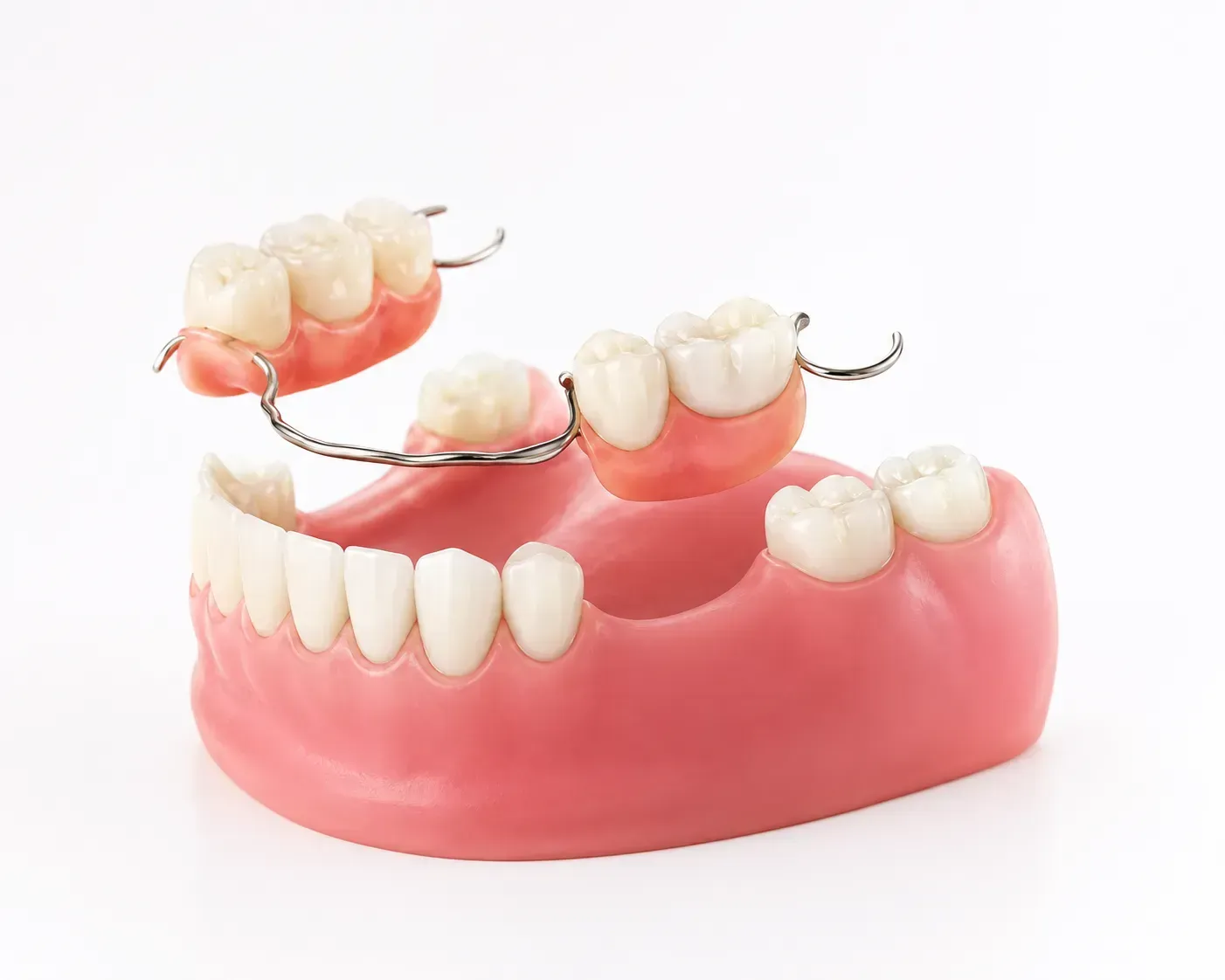 Pink partial dentures with artificial teeth on a white background