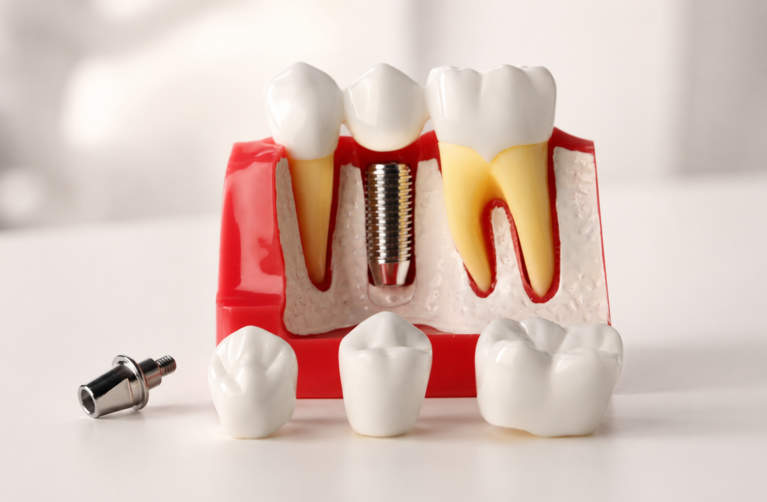 Dental implant model with teeth, gums, and a loose implant screw on a white surface