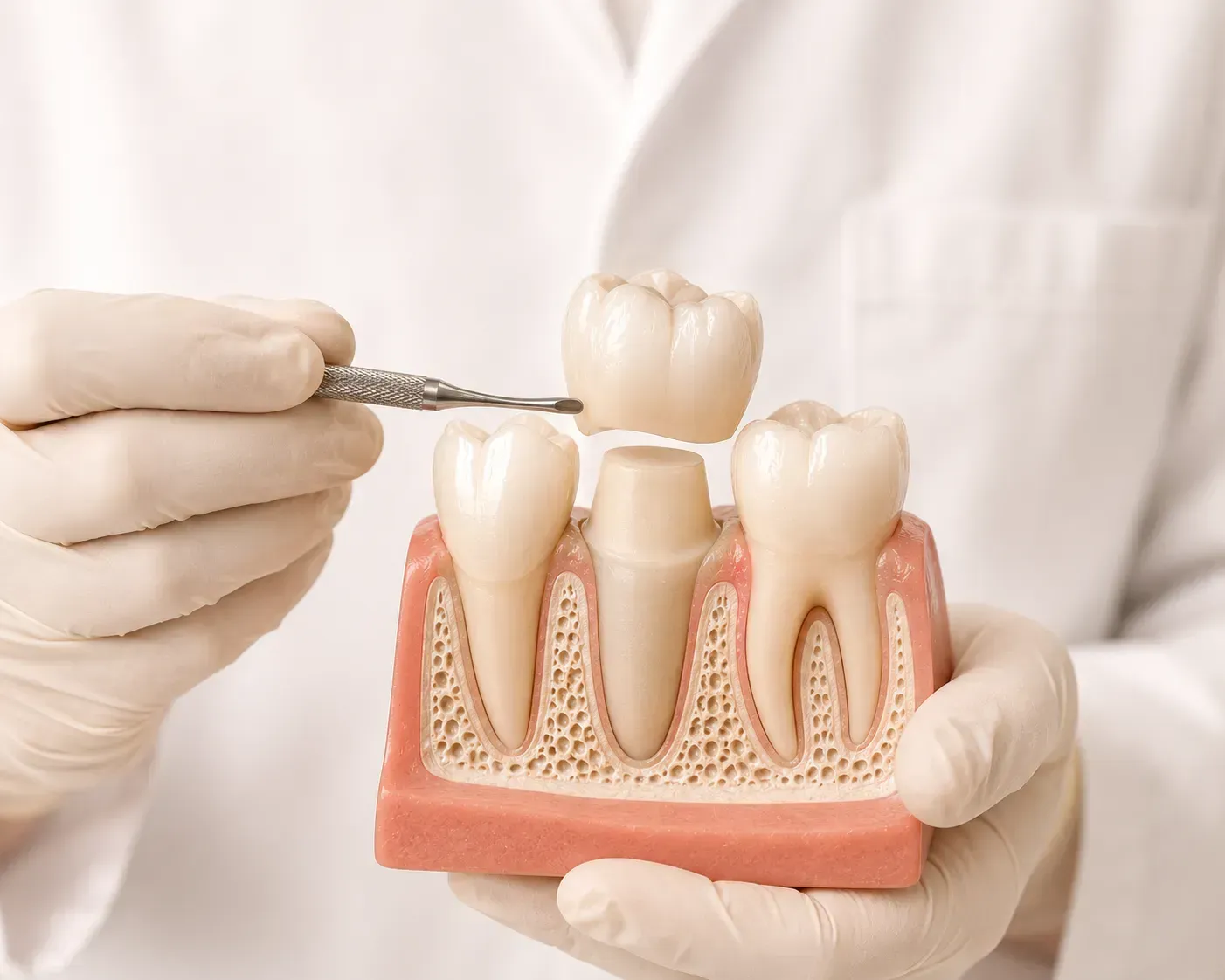 Gloved hands demonstrating a dental implant model with tools on a pink gum base