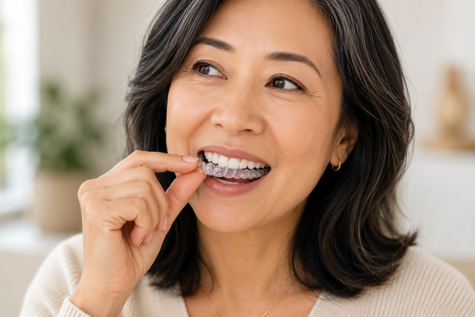Woman in a light sweater smiling while fitting a clear dental aligner