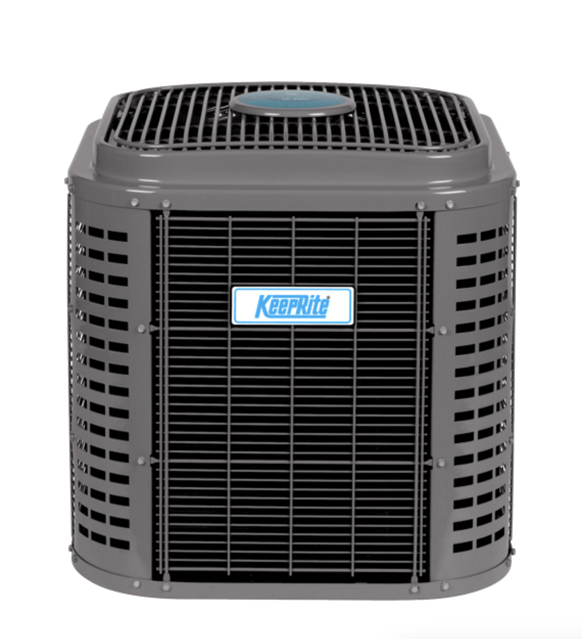 Keeprite air conditioner unit, gray with black grille, outdoors.