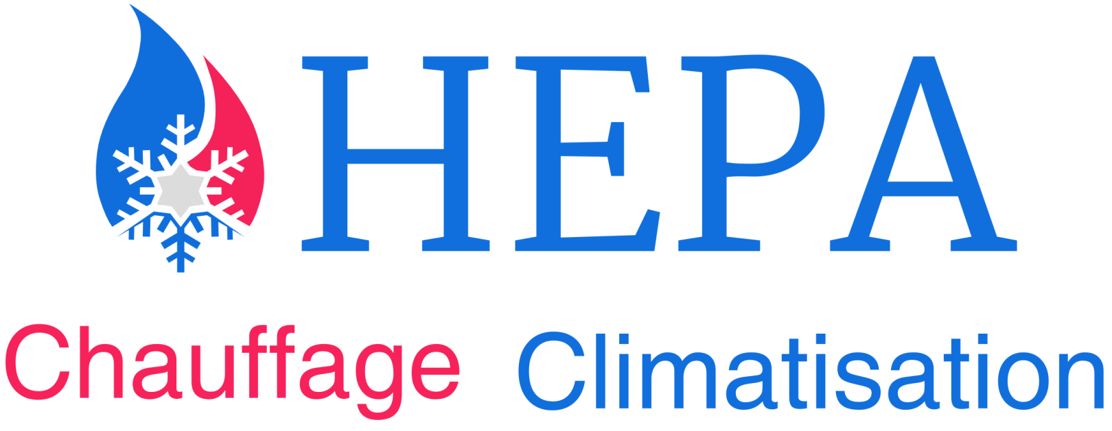 Logo avec une flamme/un flocon de neige bleu et le mot « HEPA », avec « Chauffage » et « Climatisation » en dessous.