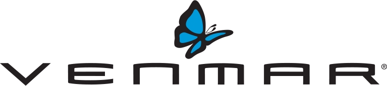 Venmar logo with stylized black text and a blue butterfly above the letters