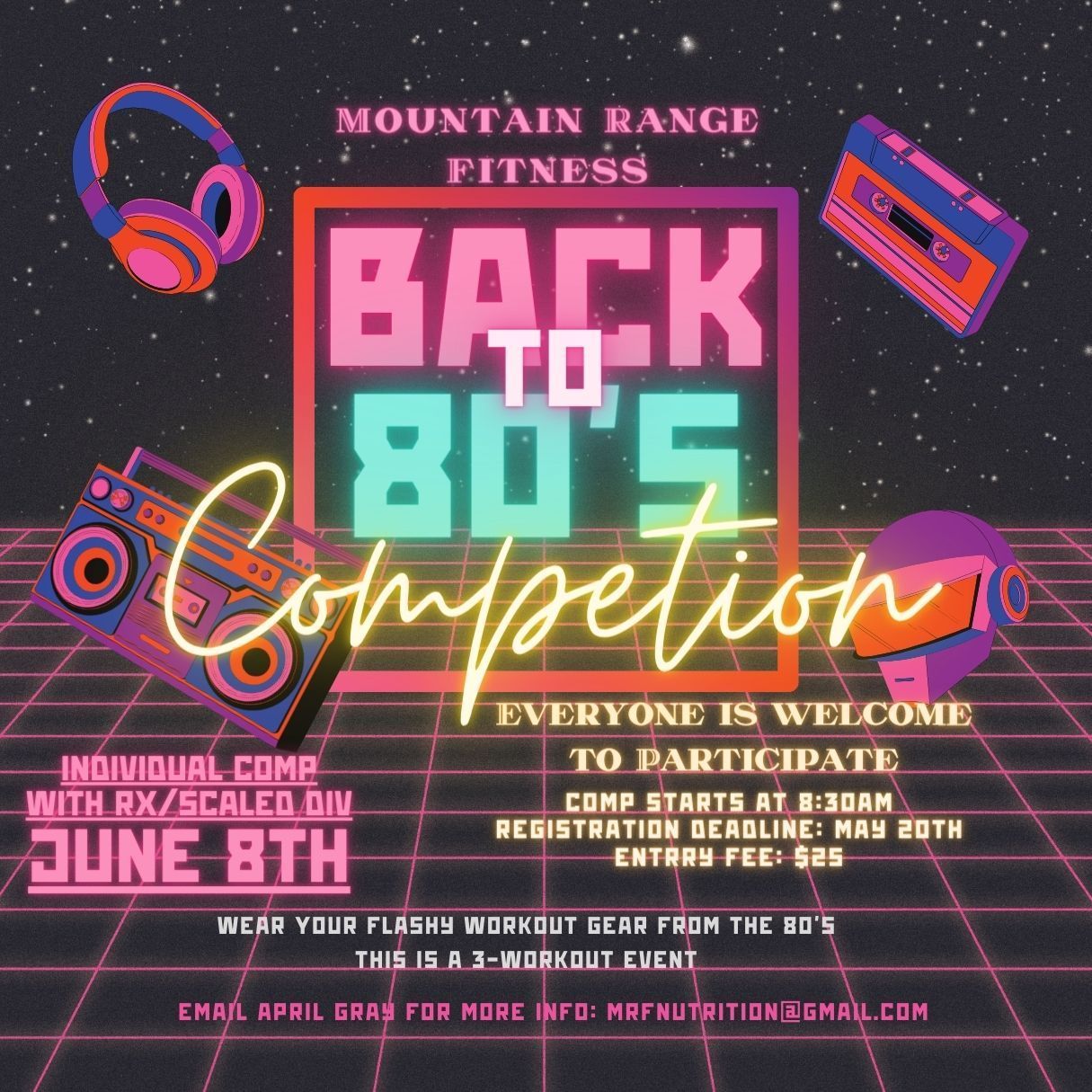 An advertisement for a back to 80 's competition