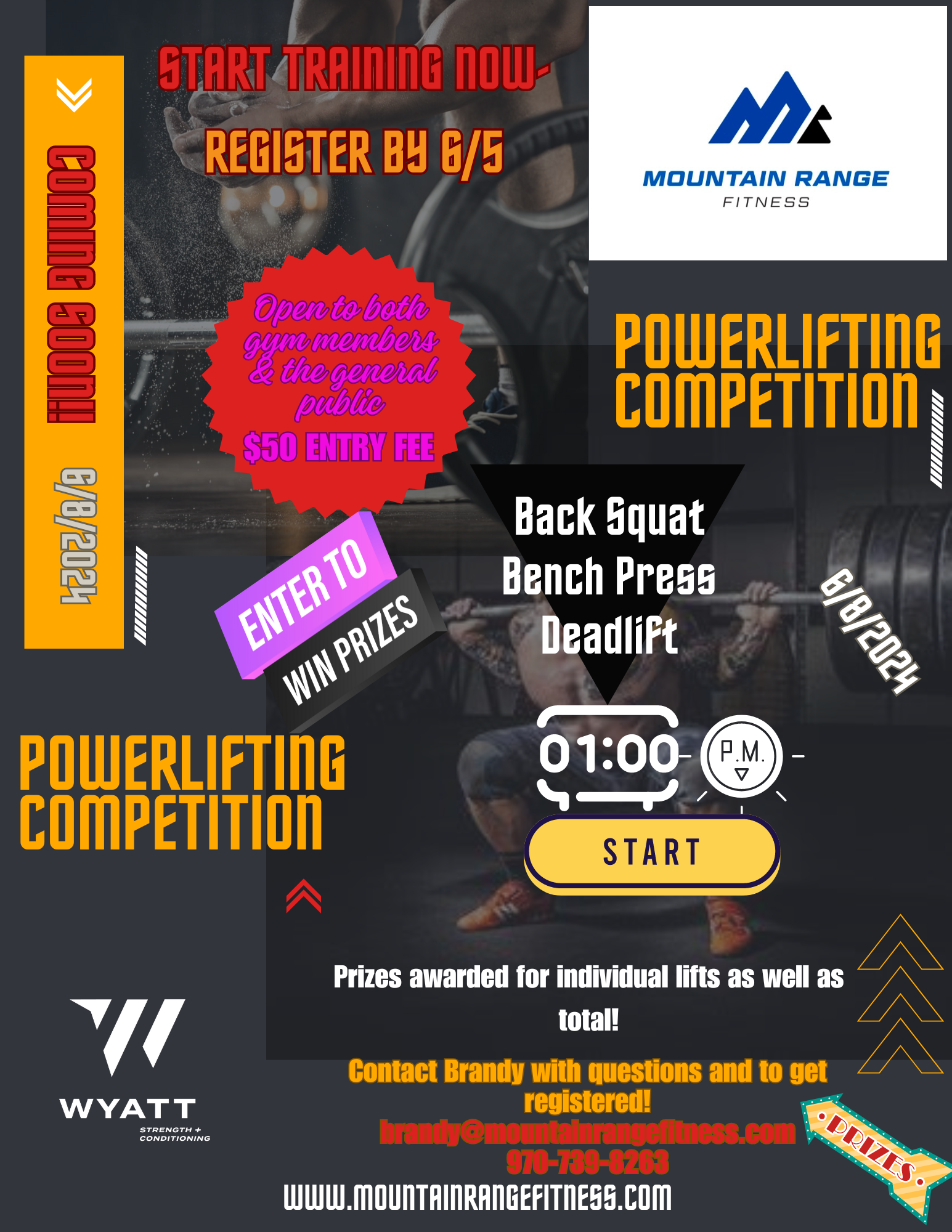 A poster for a powerlifting competition with a man squatting with a barbell