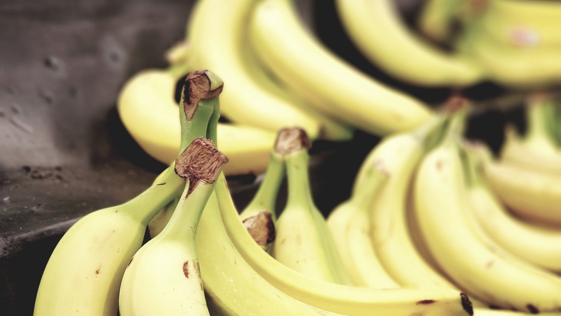 A bunch of bananas are sitting on a table.