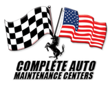 Compiete Auto Maintenance Centers logo with checkered and U.S. flags and a black horse silhouette