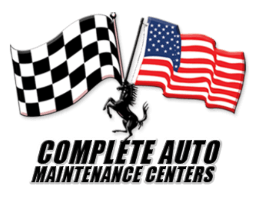 Compiete Auto Maintenance Centers logo with checkered and U.S. flags and a black horse silhouette