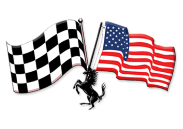 Black-and-white checkered flag and U.S. flag crossed above a prancing black horse emblem