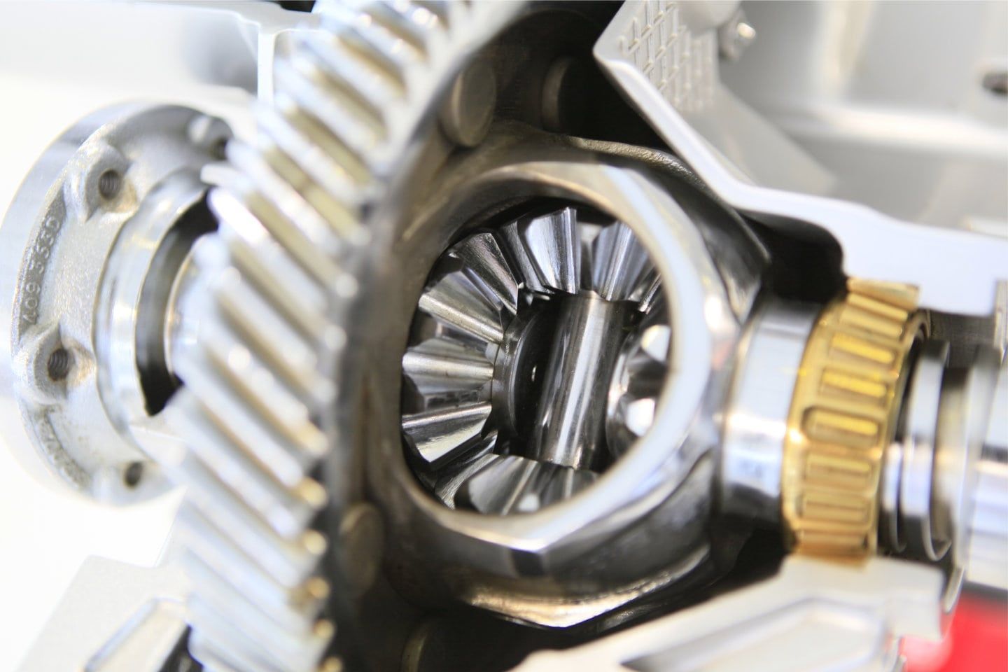 Close-up of automotive gears and differential assembly