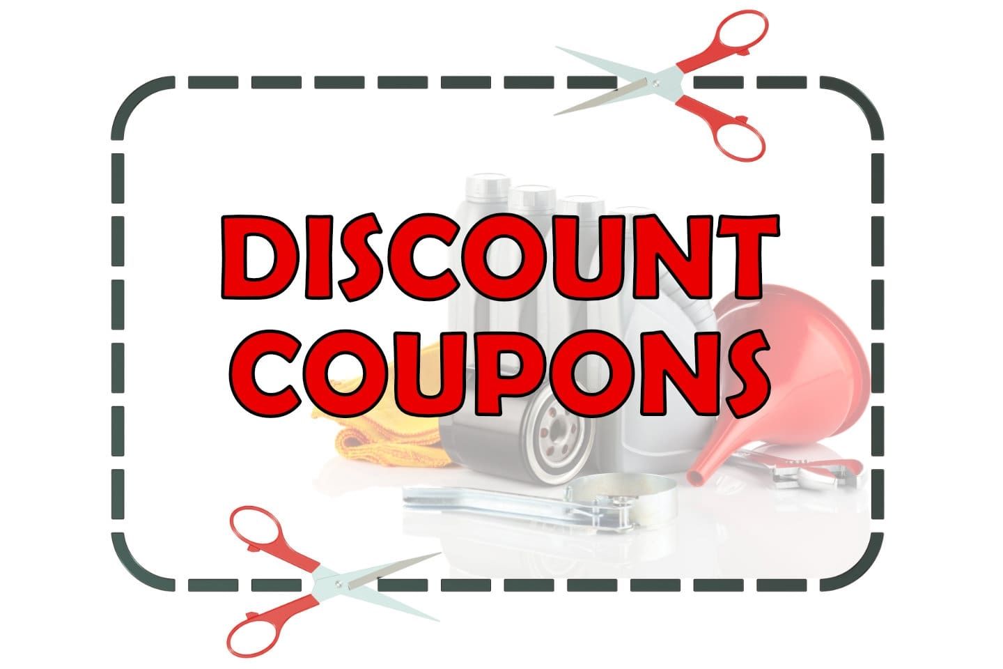 Discount coupons text in red inside a dashed cutout border with scissors icons.