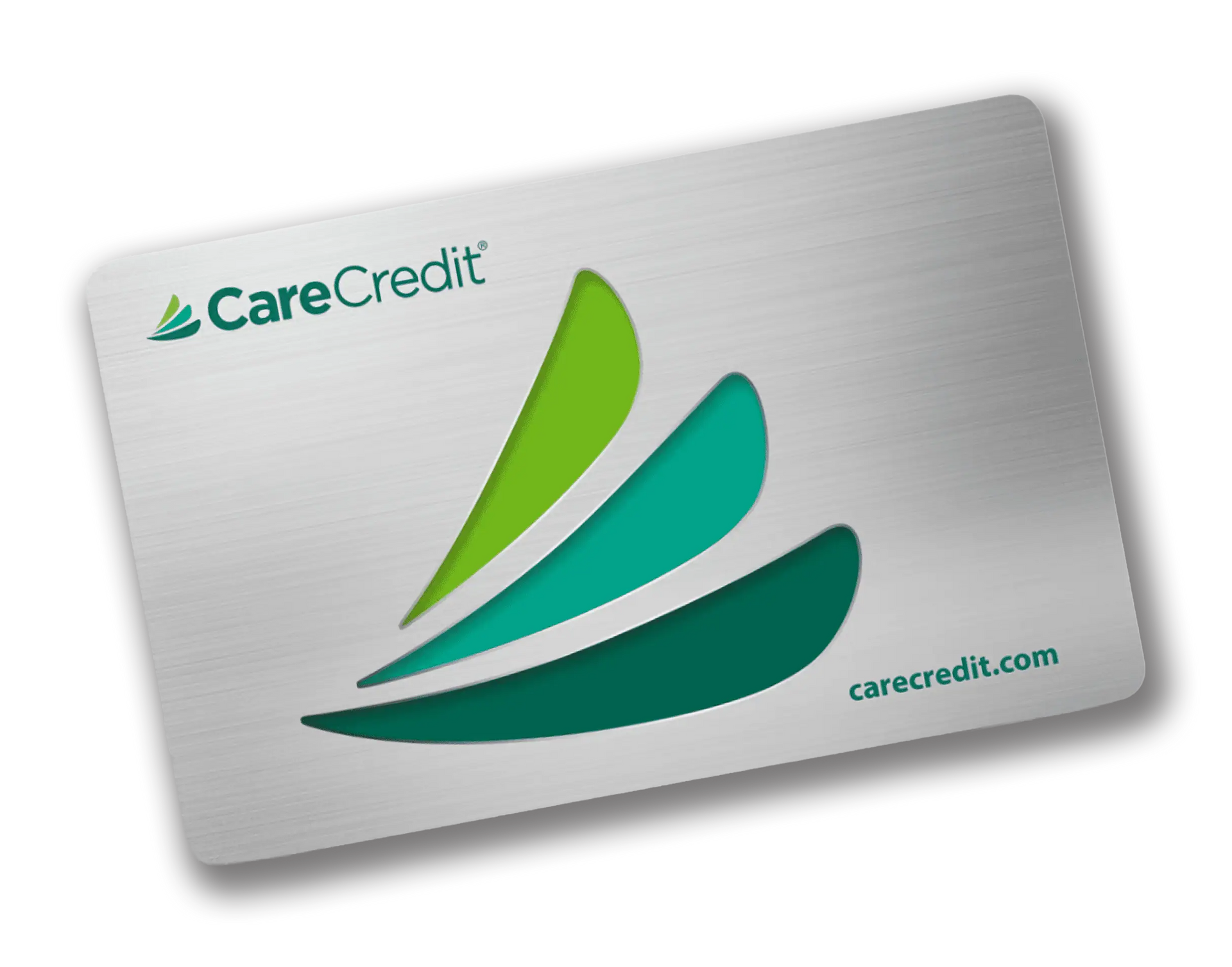 CareCredit logo on a silver card with green and teal swooshes and website text