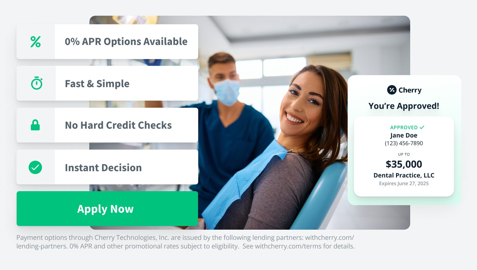 APR options banner with masked man and woman in blue scrubs, feature list, and green “Apply Now” button