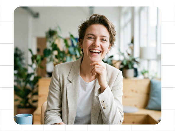Smiling person in a light blazer seated indoors, with plants and a bright living room behind them