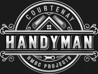 Logo for Courtenay Handyman Services featuring a house and tools inside a shield with a portrait of a smiling person.