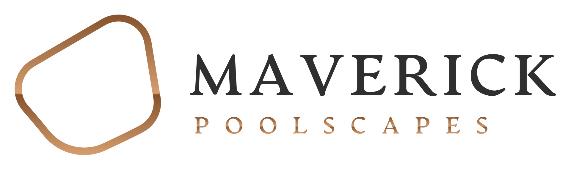 Logo for Maverick Poolscapes featuring a stylized pool shape in brown and the company name.