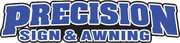 Logo for Precision Sign & Awning, blue text on white outline.
