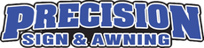 Logo for Precision Sign & Awning, blue text on white outline.