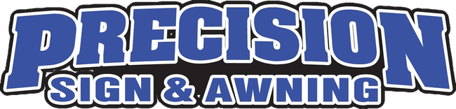 Logo for Precision Sign & Awning, blue text on white outline.