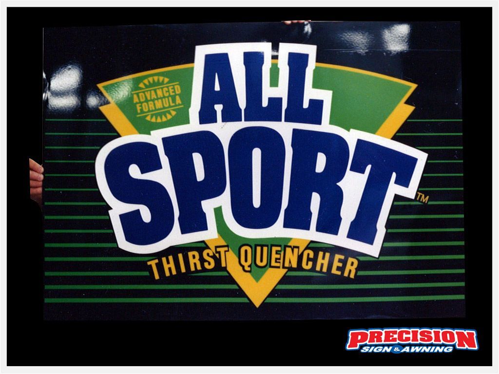 All Sport thirst quencher logo on a black and green background with a yellow triangle, white and blue text.