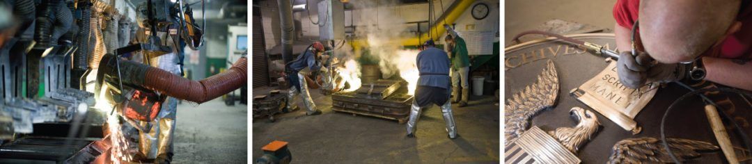 Three photos: welding sparks; people in a room with light and a yellow slide; a person crafting with a tool.