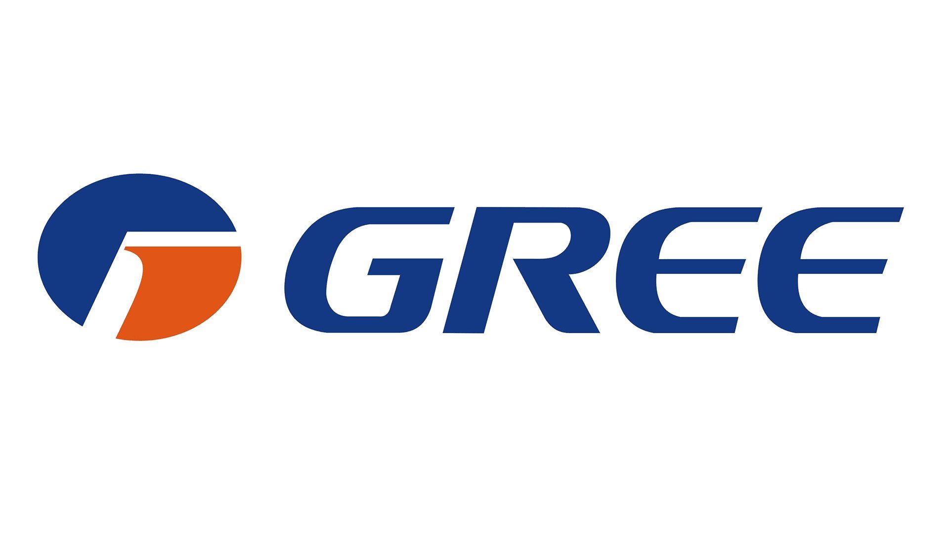 Logo Gree : Cercle bleu avec accent orange et texte bleu « GREE ».