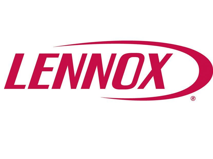 Logo Lennox en rouge avec un trait rouge incurvé sur fond blanc.