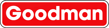 Logo Goodman, texte blanc sur fond rouge à rectangle arrondi.