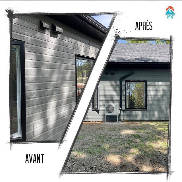 Photos avant et après d'une façade de maison ; bardage gris et encadrements de fenêtres noirs.