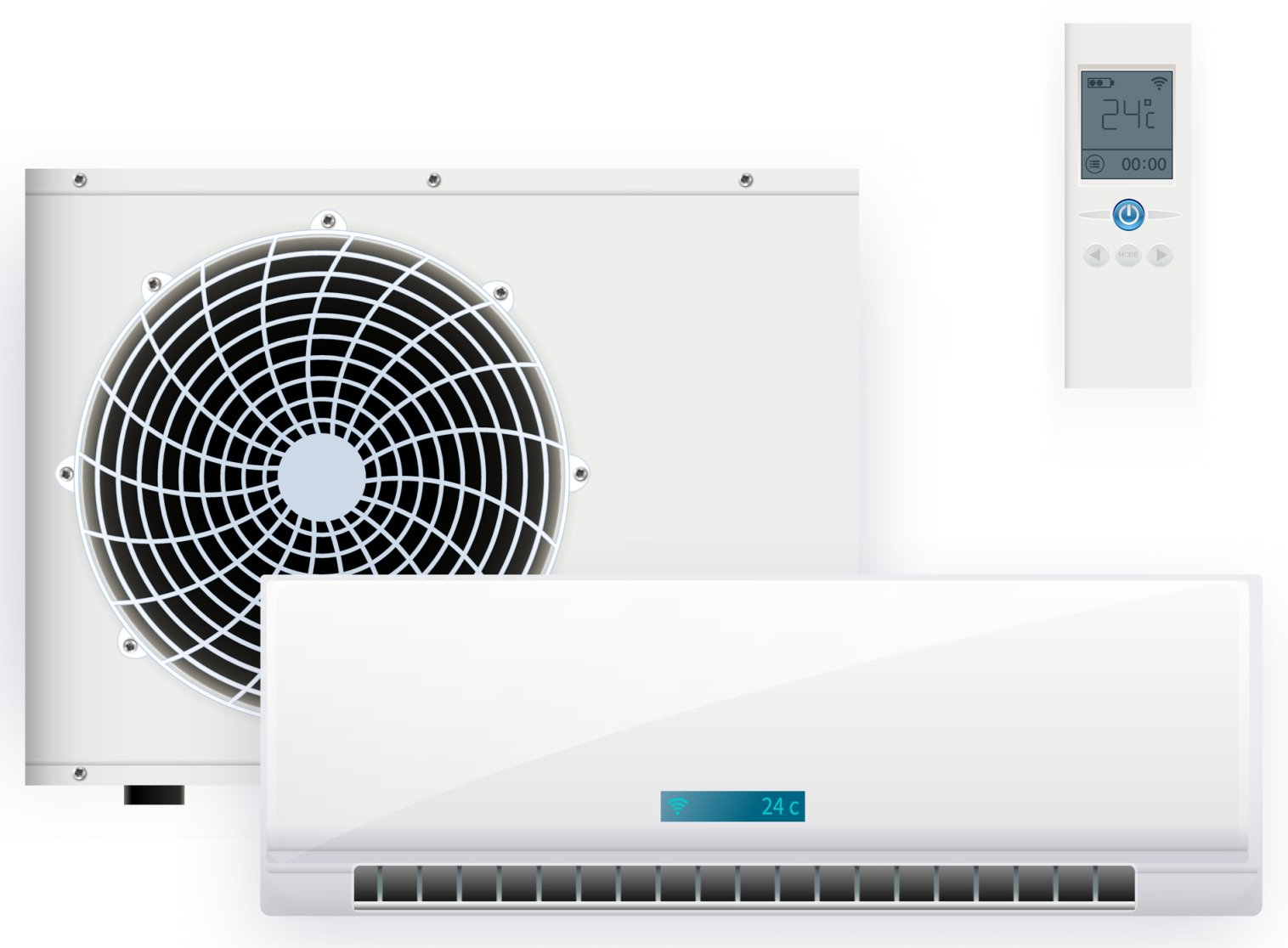 Système de climatisation mini-split blanc sans conduit, comprenant une unité extérieure, une unité intérieure et une télécommande.