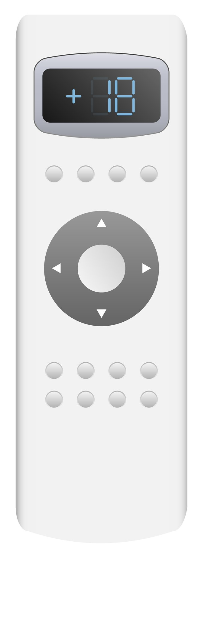 Télécommande blanche avec un écran affichant « +18 » et plusieurs boutons.