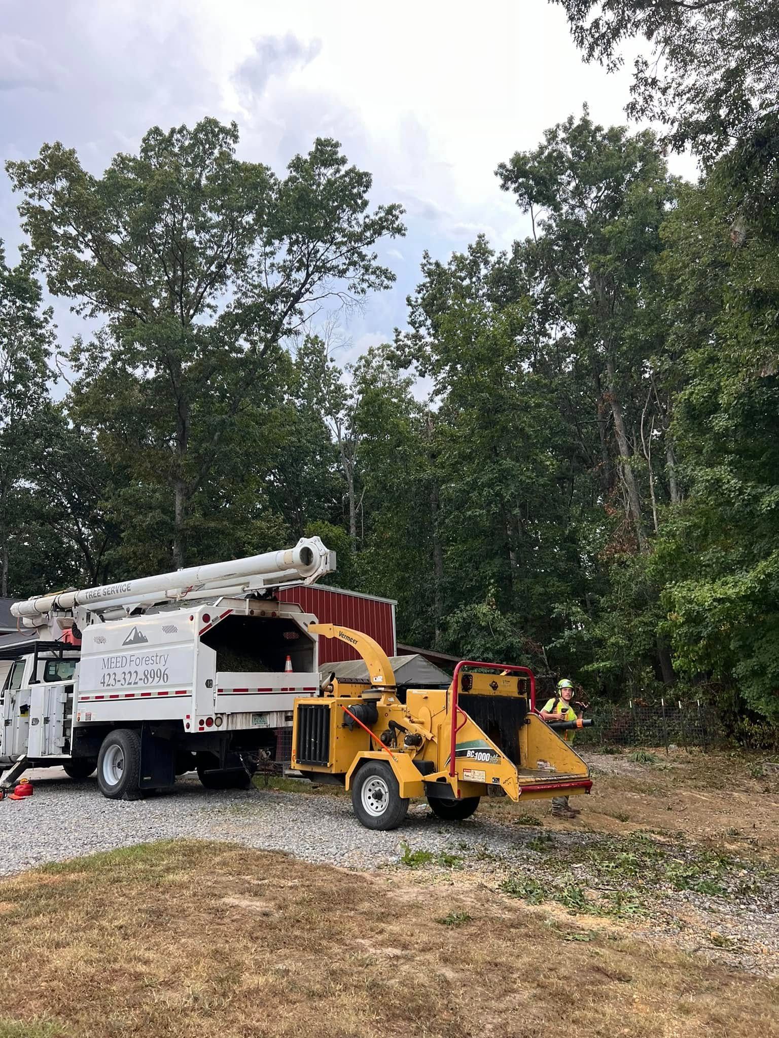 A utility bucket truck and a yellow wood chipper parked on a gravel path near a dense forest.