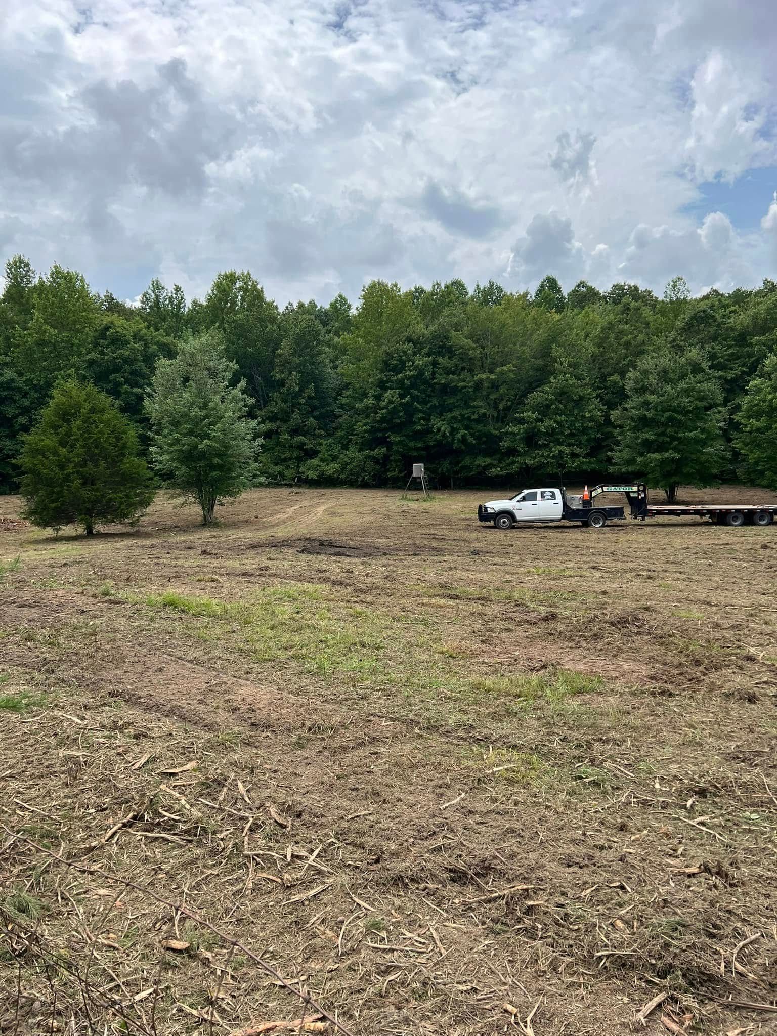 A white pickup truck with a trailer is parked on a cleared, woody field in front of a dense forest under a cloudy sky.