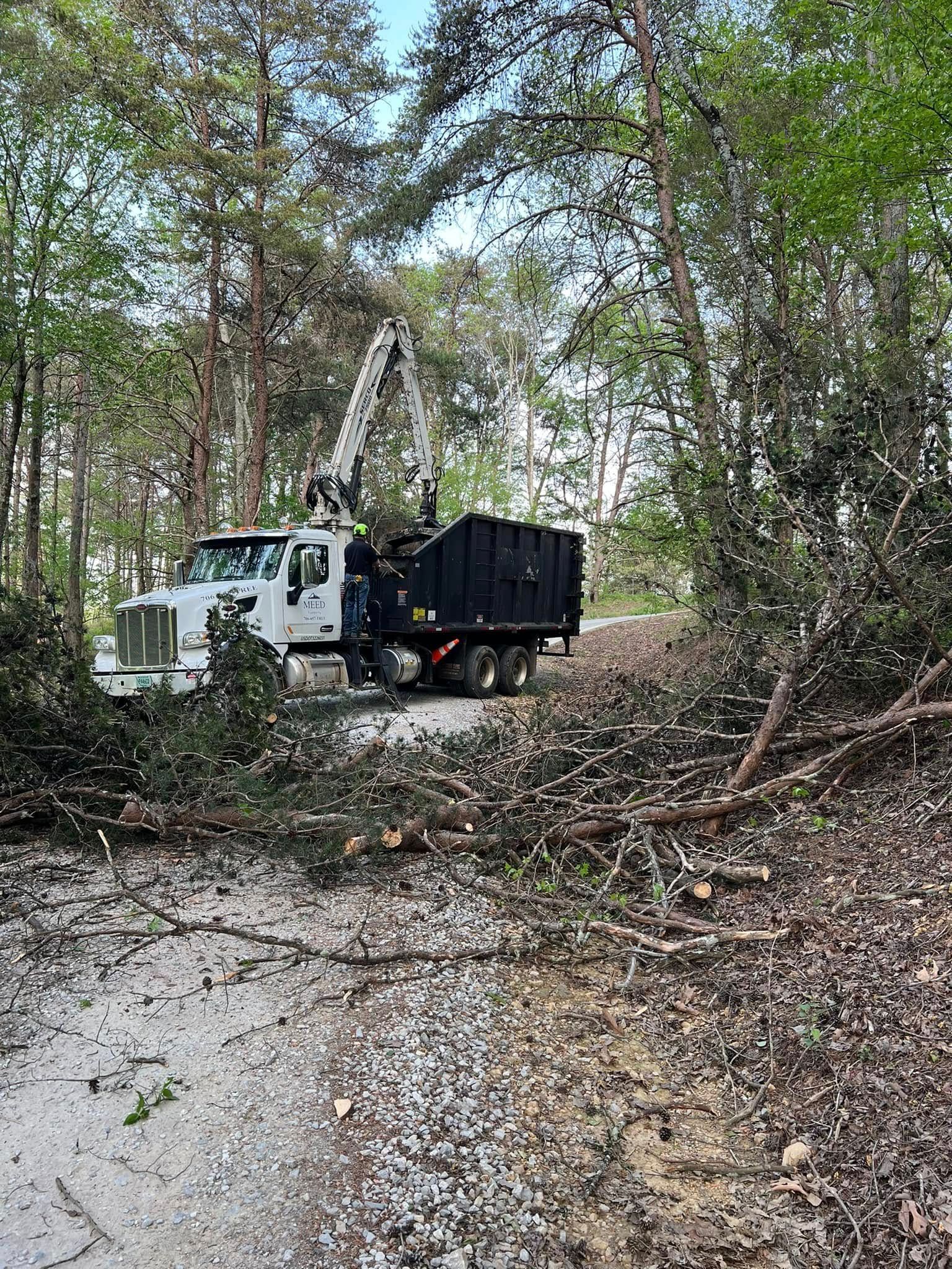 A white grapple truck with a raised crane arm parked on a dirt path in a wooded area during a debris cleanup operation.