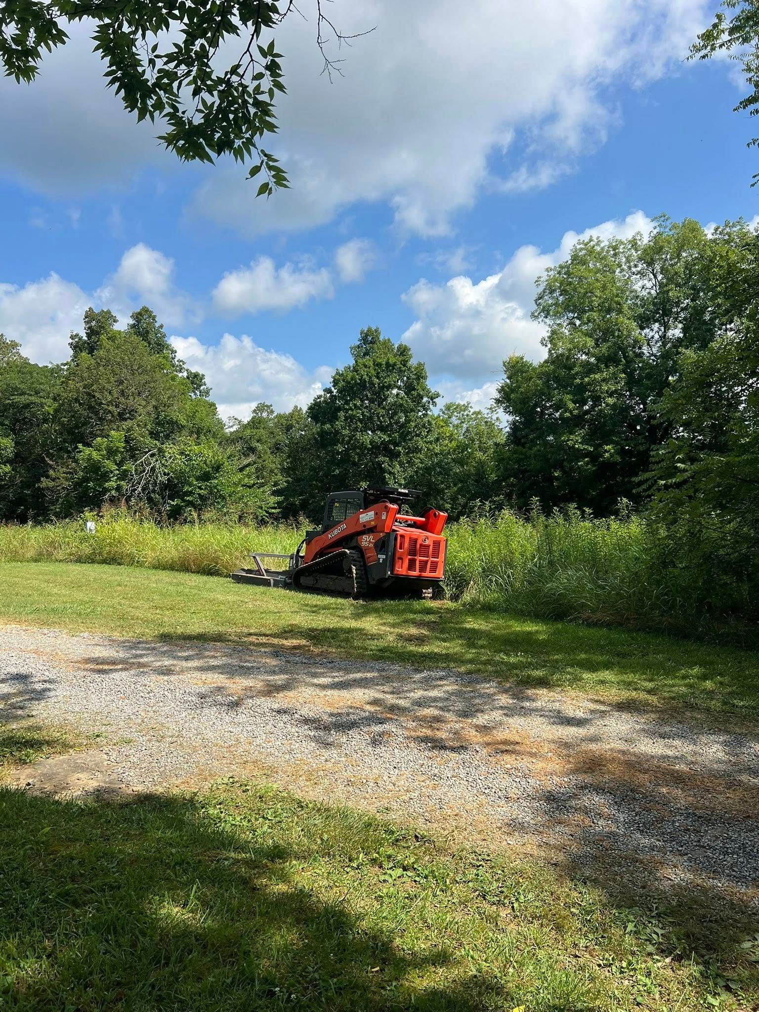 A bright red skid steer mower clears a path through tall green grass on a sunny day near a wooded area.