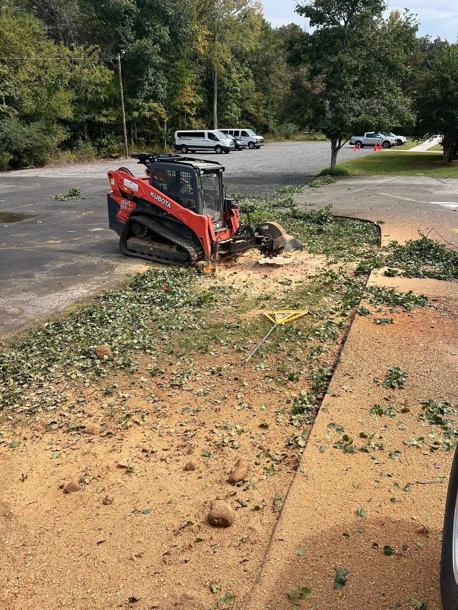 A red tracked skid steer mulcher clears brush and wood chips along the edge of a paved parking lot.