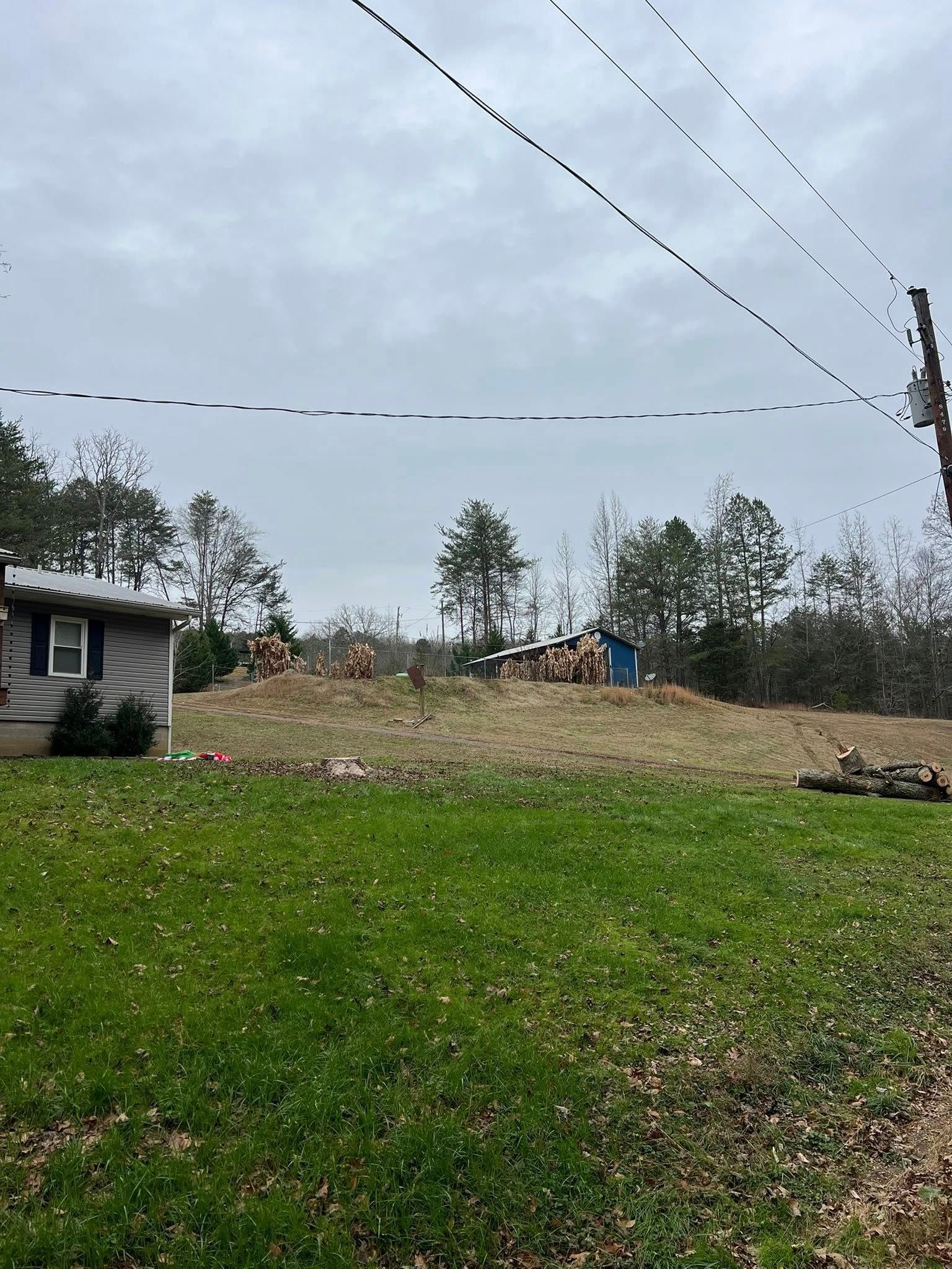A grassy yard with a house corner on the left, leading up to a small hill featuring a stack of firewood and blue shed.