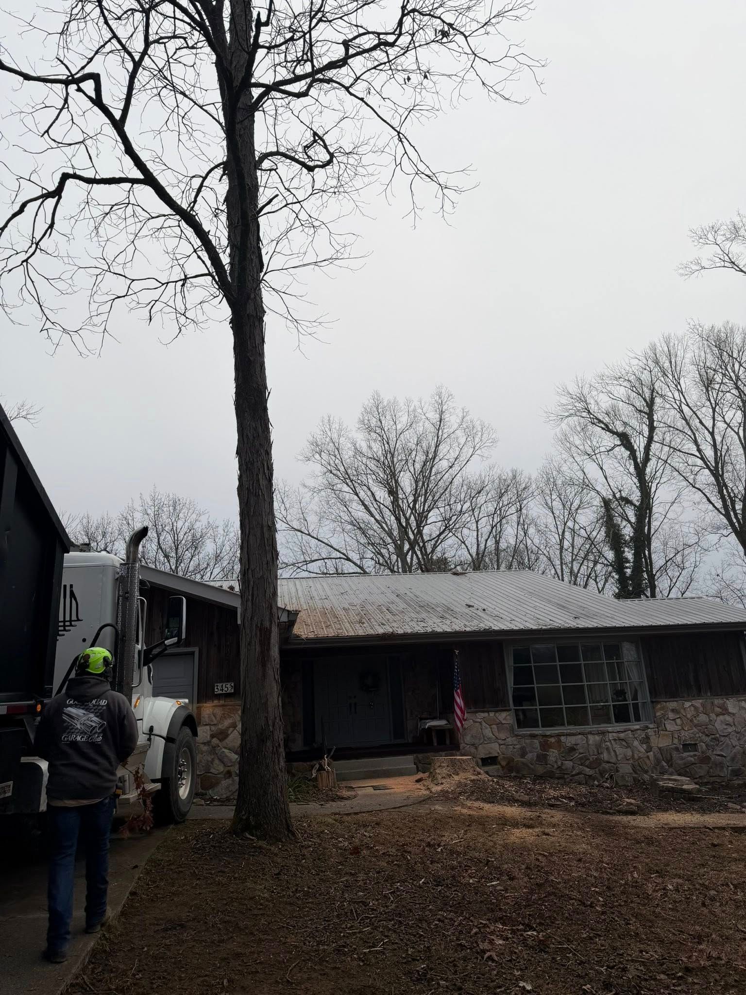 A worker in a high-visibility vest stands near a white utility truck parked in front of a house undergoing tree removal.