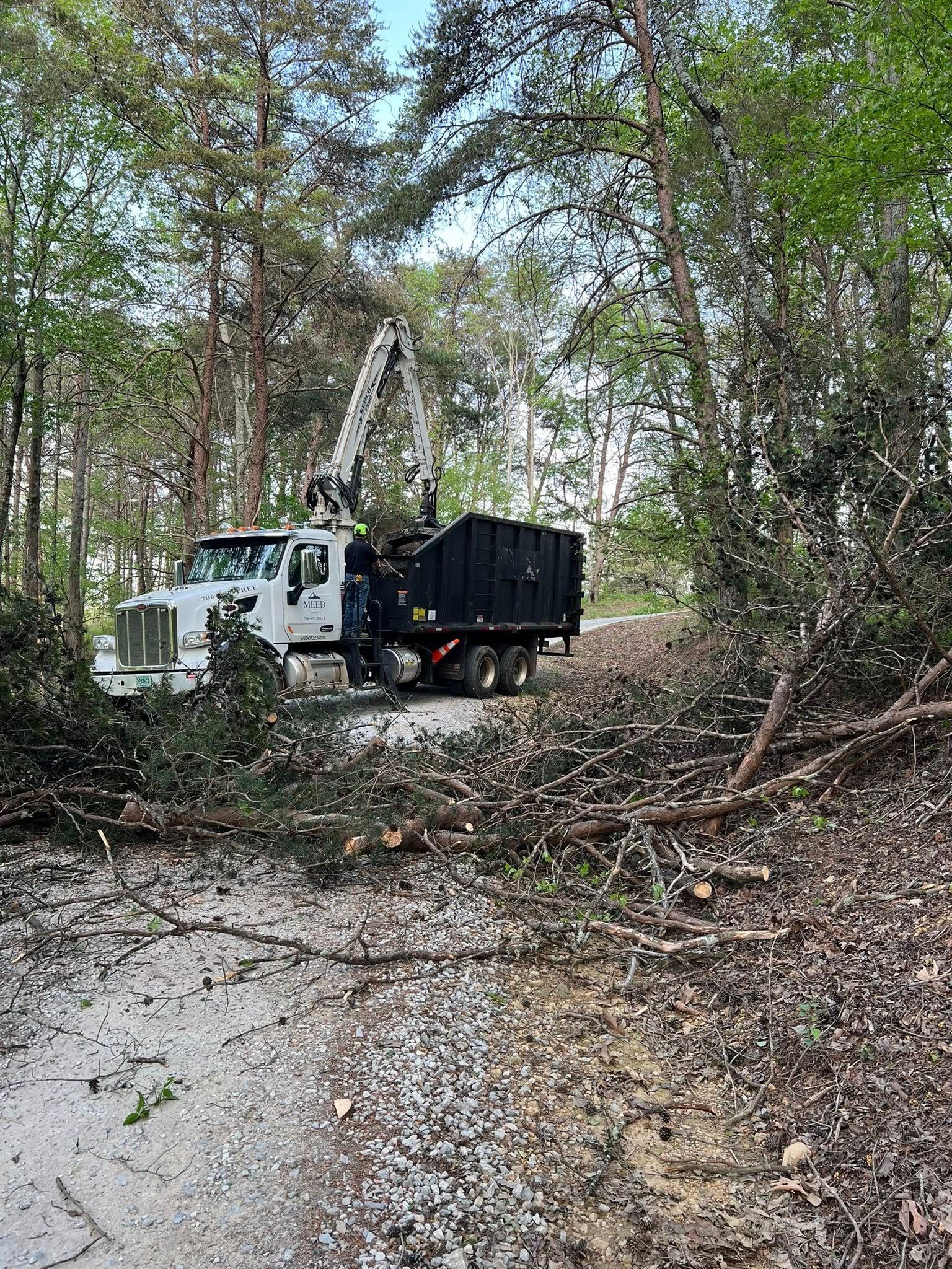A white truck with a hydraulic grapple arm lifting tree debris into a large black container on a wooded dirt road.