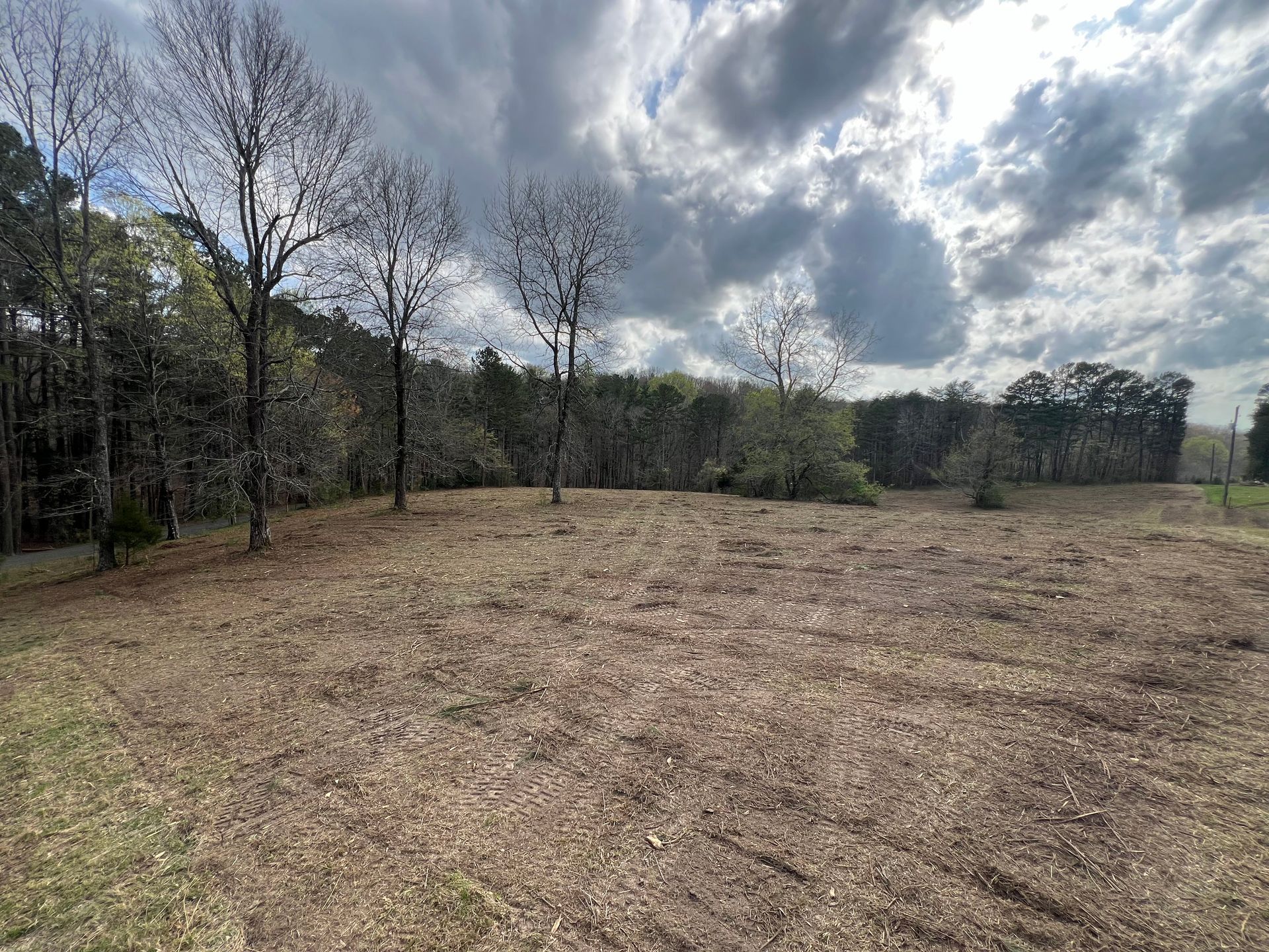A field of cleared brown dirt with scattered trees under a cloudy, dramatic sky.