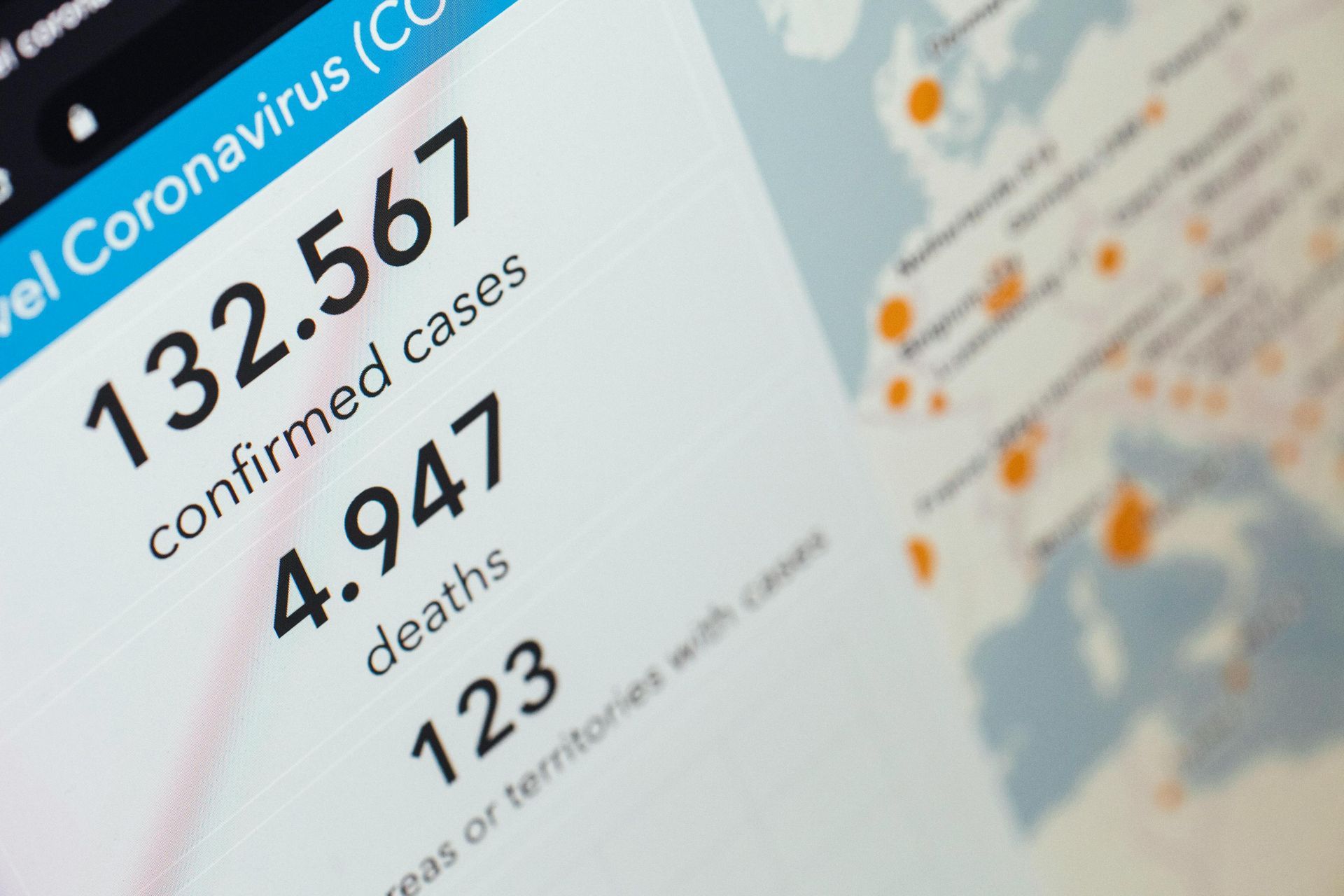 COVID-19 statistics on a screen: 132,567 confirmed cases, 4,947 deaths, and 123 areas/territories.