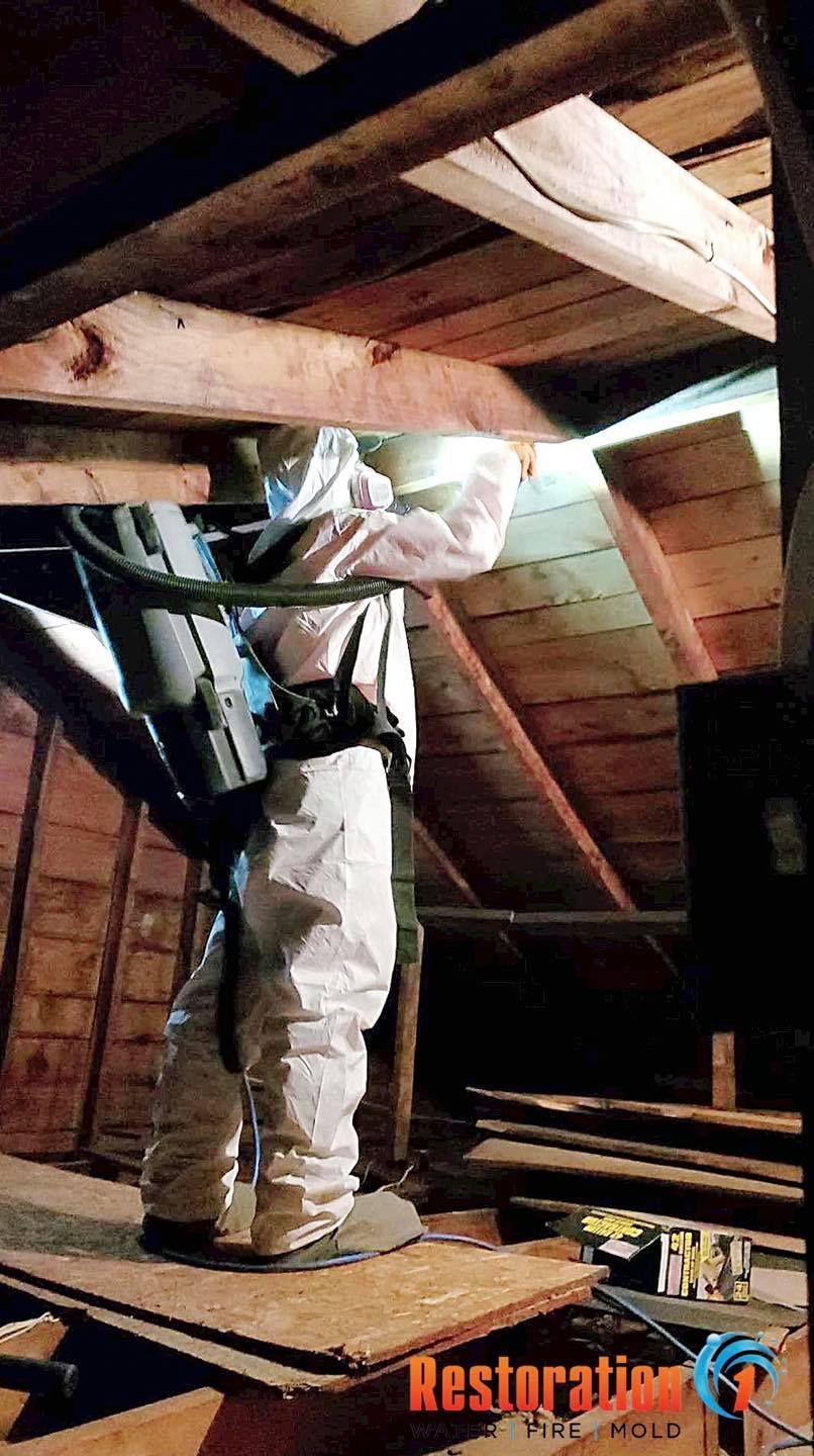 A person in white protective gear using a backpack vacuum to clean mold in a wooden attic.